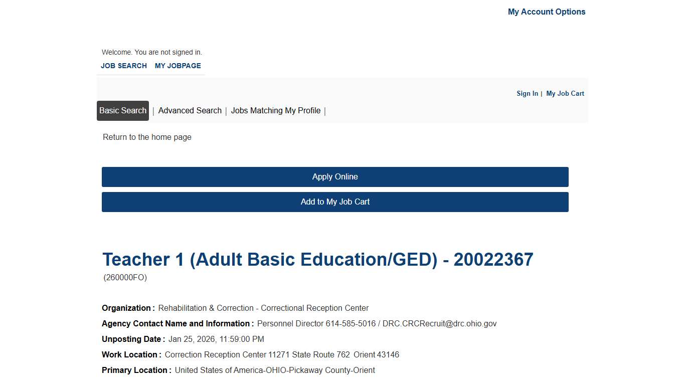 Job Description - Teacher 1 (Adult Basic Education/GED) - 20022367 (260000FO)